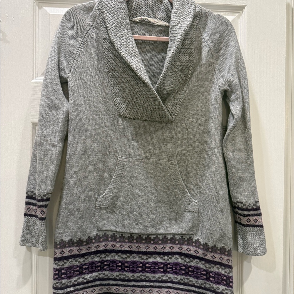 Athleta Gray Shawl Collar Sweater with Purple Fair Isle Hem